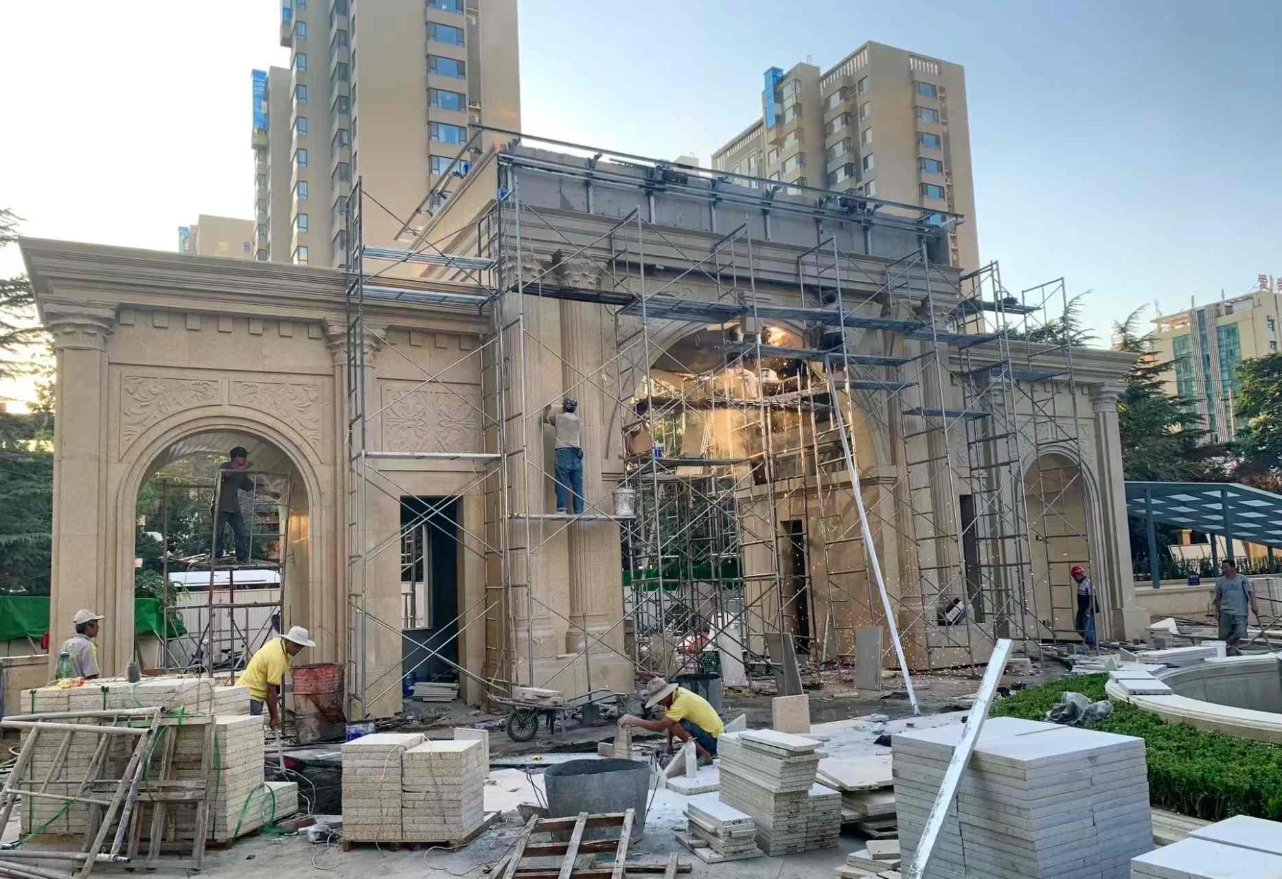 山东 黄金麻荔枝面花岗岩小区门楼外墙干挂